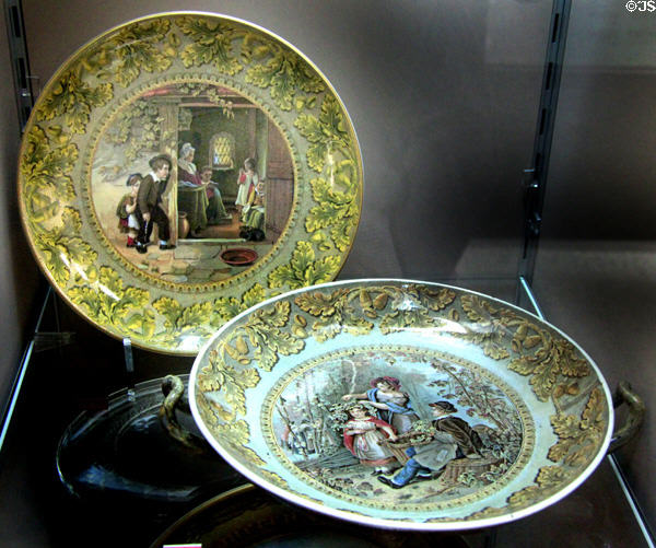 Ironstone plates color printed with Truant & Hop Queen themes (c1851) made by F&R Pratt of Fenton, Staffordshire at Potteries Museum & Art Gallery. Hanley, Stoke-on-Trent, England.
