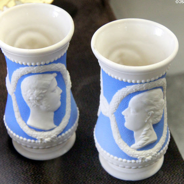 Parian vases with relief portraits of Prince of Wales & Princess Alexandra to commemorate their Royal marriage (1863) made by Sir James Duke & Nephew of Burslem at Potteries Museum & Art Gallery. Hanley, Stoke-on-Trent, England.