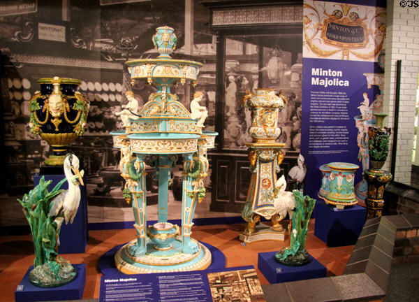 Collection of showpiece Minton of Stoke majolicas some shown at International Exhibitions (19thC) at Potteries Museum & Art Gallery. Hanley, Stoke-on-Trent, England.