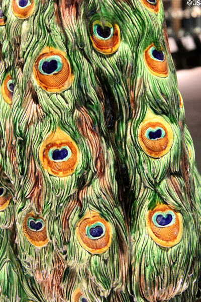 Detail of earthenware life-size peacock shape 2045 (1875) by Paul Comoléra for Minton of Stoke-upon-Trent at Potteries Museum & Art Gallery. Hanley, Stoke-on-Trent, England.