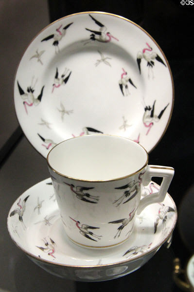Bone chine teaware with printed flying cranes pattern G4377 (c1882) by Mintons of Stoke-upon-Trent at Potteries Museum & Art Gallery. Hanley, Stoke-on-Trent, England.