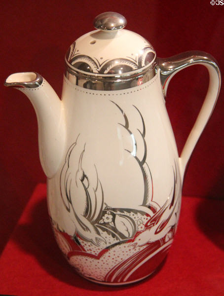 Earthenware coffee pot painted in silver lustre pattern 8560 (c1929) by Susie Cooper for Kirkland & Co. at Potteries Museum & Art Gallery. Hanley, Stoke-on-Trent, England.