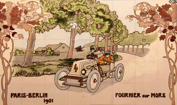 Tile panel showing French racing driver Henri Fournier in Mors car winner of Paris-Berlin 1901 race originally made for Michelin House of London replicated (1984) by Art Tile Co. of Etruria, Stoke at Potteries Museum & Art Gallery. Hanley, Stoke-on-Trent, England.