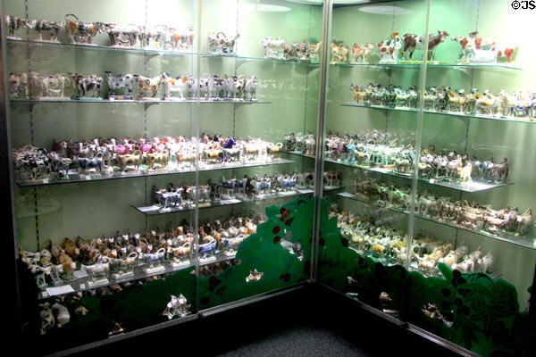 Collection of cow cream jugs (mid 18thC onward) at Potteries Museum & Art Gallery. Hanley, Stoke-on-Trent, England.