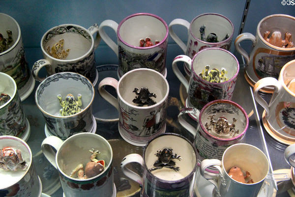 Collection of frog mugs used as jokes to startle 19thC beer drinkers when they saw toads considered poisonous emerge from their dark brews at Potteries Museum & Art Gallery. Hanley, Stoke-on-Trent, England.