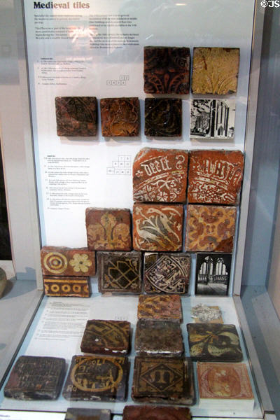 Collection of Medieval English paving tiles (mostly 14thC) from Monasteries & Royal buildings at Potteries Museum & Art Gallery. Hanley, Stoke-on-Trent, England.