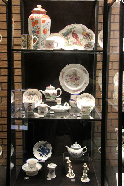 Collection of soft paste porcelain (1700s) by various makers in London at Potteries Museum & Art Gallery. Hanley, Stoke-on-Trent, England.