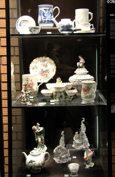 Collection of soft paste porcelain (1700s) by various makers in London at Potteries Museum & Art Gallery. Hanley, Stoke-on-Trent, England.