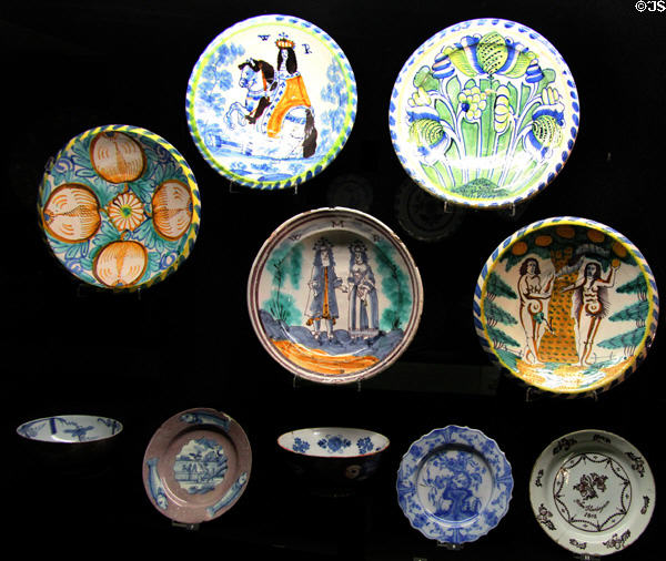 Collection of pottery from Brislington, Bristol & Wincanton area of England (1700s) at Potteries Museum & Art Gallery. Hanley, Stoke-on-Trent, England.