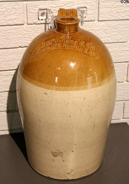 Bristol-glazed stoneware vinegar bottle (c1860) made for JB Browne & Co. of Newcastle-under-Lyme, Staffordshire at Potteries Museum & Art Gallery. Hanley, Stoke-on-Trent, England.