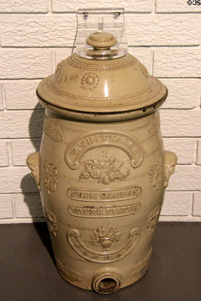Bristol-glazed stoneware water filter (c1870-95) made for W. Whittaker & Sons of Oldham, Lancashire at Potteries Museum & Art Gallery. Hanley, Stoke-on-Trent, England.