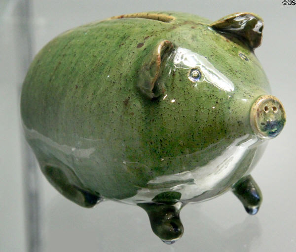 Earthenware piggy bank (c1968) by Arthur Horns for Farnham Pottery of Surrey at Potteries Museum & Art Gallery. Hanley, Stoke-on-Trent, England.