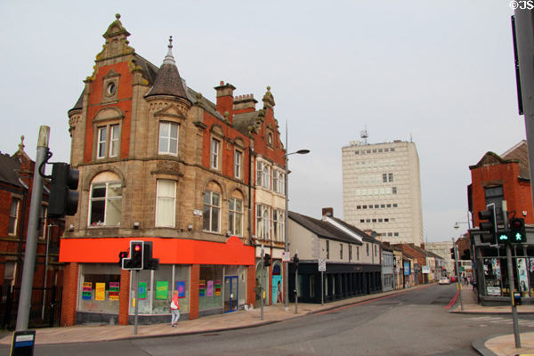 Streetscape along Marsh Street with Victorian building (1897). Hanley, Stoke-on-Trent, England.