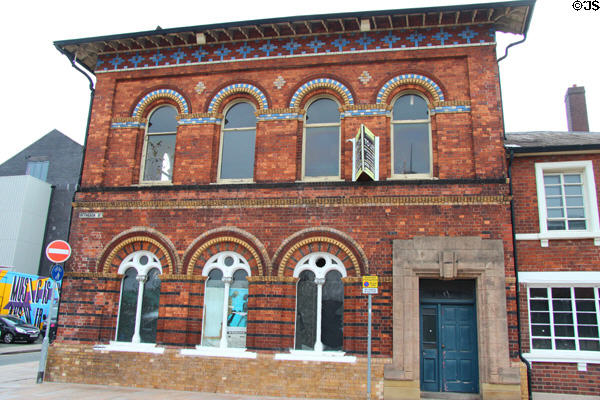 Victorian building decorated with tiles & colored bricks on Bethesda Street. Hanley, Stoke-on-Trent, England.