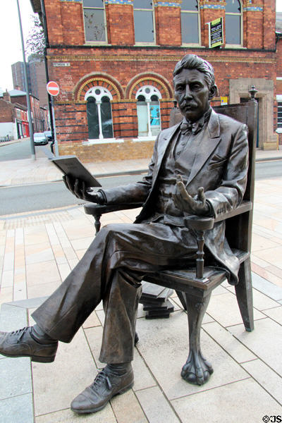 Arnold Bennett, locally born author. sculpture on Bethesda Street. Hanley, Stoke-on-Trent, England.