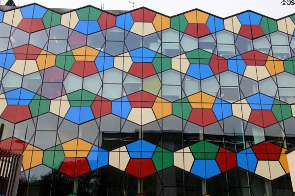 One Smithfield with colored glass panels is opposite the Potteries Museum & Art Gallery. Hanley, Stoke-on-Trent, England. Architect: RHWL Architects.