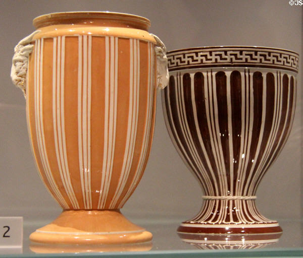 Terra Cotta stoneware engine-turned vases with slip decoration (c1775-8) by Wedgwood at World of Wedgwood. Barlaston, Stoke, England.