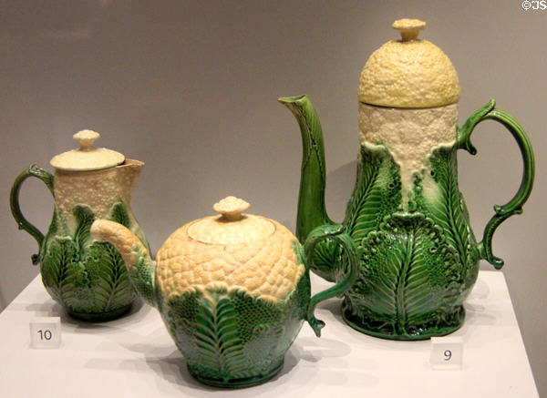 Cauliflower molded coffee pot & jugs of cream-colored earthenware (creamware) with green glaze (1760-65) by Wedgwood at World of Wedgwood. Barlaston, Stoke, England.