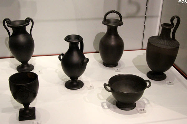 Collection of Black Basalt ceramics by Wedgwood (trials 1766, first produced 1767) included coal dust to allow replications of ancient Roman finds at World of Wedgwood. Barlaston, Stoke, England.