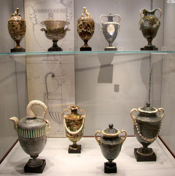 Collection of Wedgwood Porphyry & Agate Ornamental Ware made by wedging various color of clay together (1769-75) to create vases after shapes of antiquity at World of Wedgwood. Barlaston, Stoke, England.