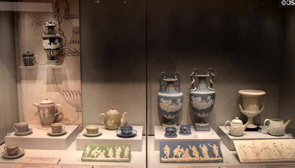 Collection of early jasperware in range of colored bodies appropriate for neo-classical styles of the day to rival porcelain at World of Wedgwood. Barlaston, Stoke, England.