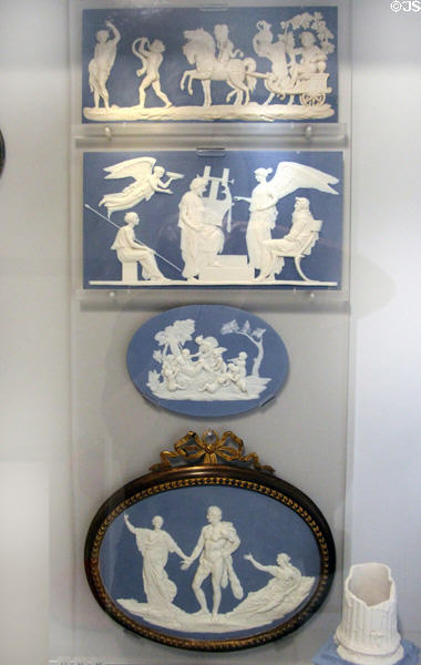 Wedgwood blue jasper plaques depicting neo-classical themes (c1778-80) by William Hackwood, Matthew Boulton, et al at World of Wedgwood. Barlaston, Stoke, England.