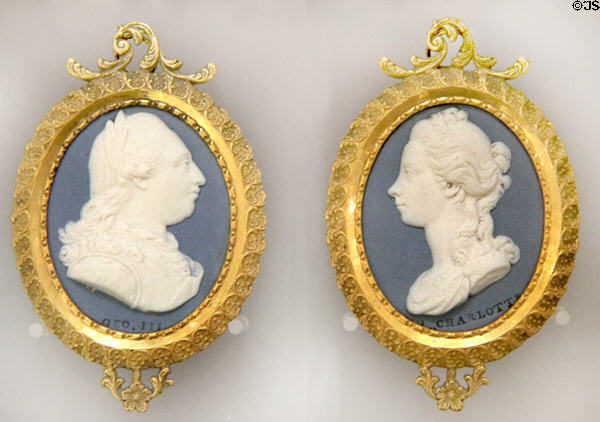 King George III & Queen Charlotte portrait medallions of Wedgwood blue jasper (1776-80) by William Hackwood in ormolu frames by Matthew Boulton at World of Wedgwood. Barlaston, Stoke, England.