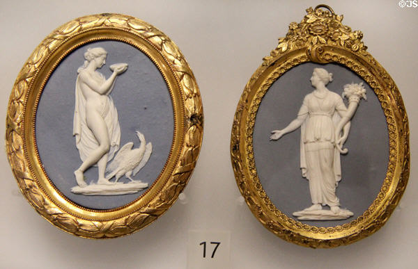 Hebe with Eagle & Flora medallions of Wedgwood blue jasper (1775-80) in ormolu frames by Matthew Boulton at World of Wedgwood. Barlaston, Stoke, England.