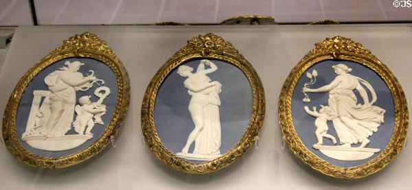 Wedgwood blue jasper medallions with neo-classical themes (1775-80) by several artists in ormolu frames by Matthew Boulton at World of Wedgwood. Barlaston, Stoke, England.