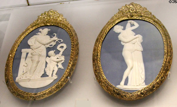 Wedgwood blue jasper medallions with neo-classical themes (1775-80) by several artists in ormolu frames by Matthew Boulton at World of Wedgwood. Barlaston, Stoke, England.