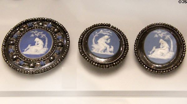 Beaded buckles with Wedgwood blue jasper medallions (1785-90) at World of Wedgwood. Barlaston, Stoke, England.