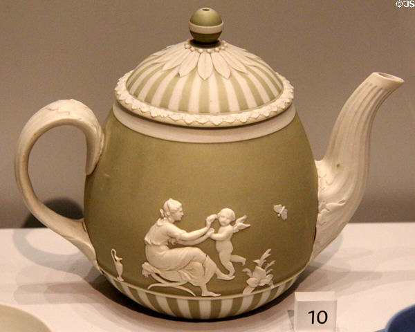 Wedgwood green jasper teapot depicting Sportive Love (1785-90) after design by Lady Templetown at World of Wedgwood. Barlaston, Stoke, England.