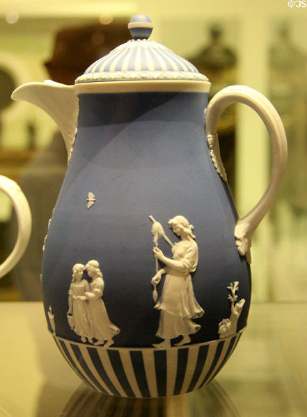 Wedgwood blue jasper coffee pot depicting Domestic Employment (1785-90) after design by Lady Templetown at World of Wedgwood. Barlaston, Stoke, England.