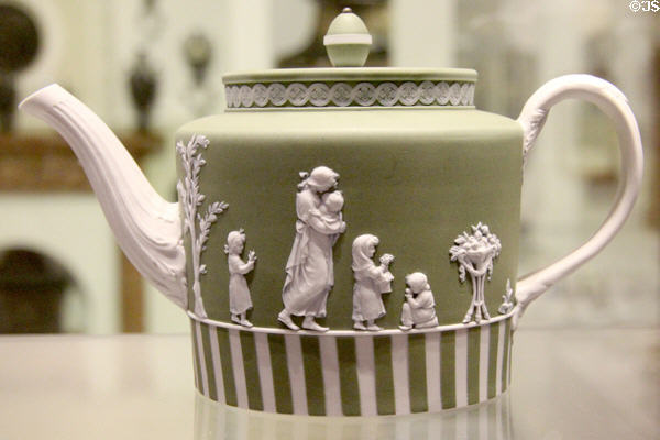 Wedgwood pale green jasper teapot depicting Domestic Employment (1785-90) after design by Lady Templetown at World of Wedgwood. Barlaston, Stoke, England.