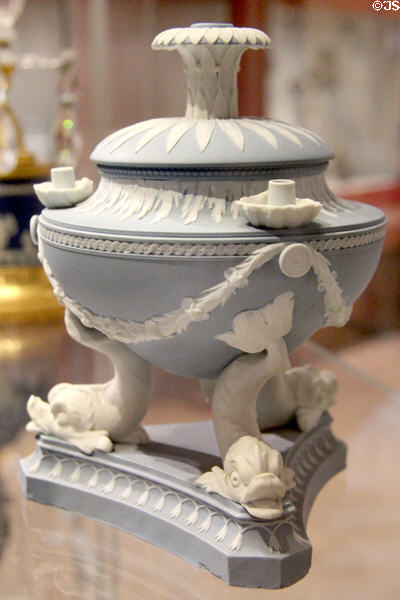 Wedgwood blue jasper tripod lamp standing on three dolphins (1785-90) after design by Lady Templetown at World of Wedgwood. Barlaston, Stoke, England.