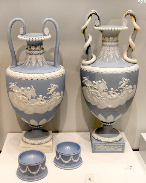 Wedgwood blue jasper vases depicting Venus in her Chariot (one with snake handles) (1786-90) after Charles Le Brun over pair of salts (1783-5) at World of Wedgwood. Barlaston, Stoke, England.