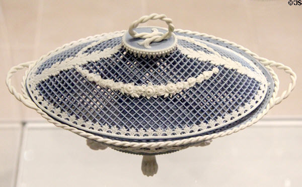 Wedgwood blue jasper woven covered basket with white ornaments (1790) at World of Wedgwood. Barlaston, Stoke, England.