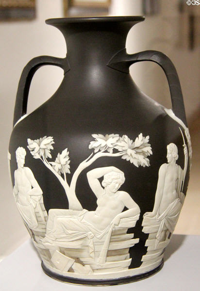 Wedgwood black jasperware Portland vase (1793) at World of Wedgwood. Barlaston, Stoke, England.