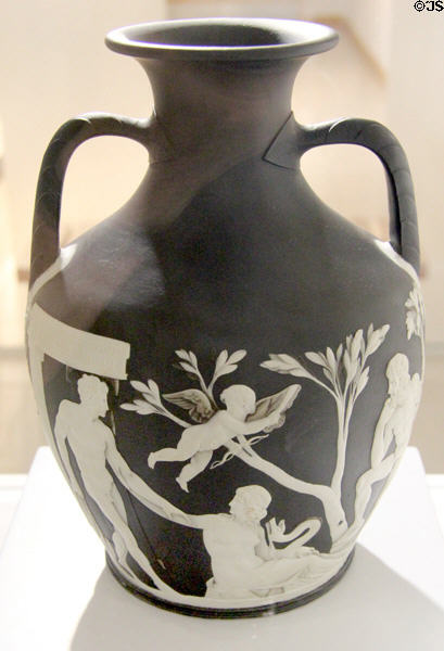 Wedgwood black jasperware Portland vase reverse side (1793) at World of Wedgwood. Barlaston, Stoke, England.