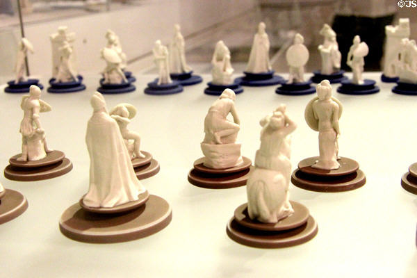 Wedgwood white jasperware chess set (1785-95) at World of Wedgwood. Barlaston, Stoke, England.
