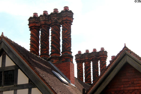 Tudor-revival brick chimneys at Wightwick Manor. Wolverhampton, England.