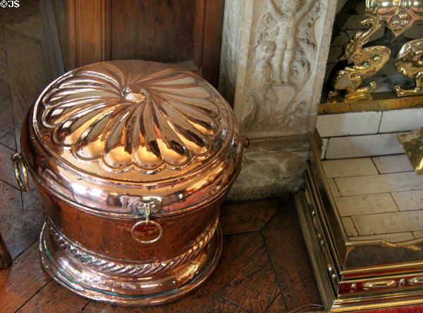 English copper coal vase with ring side handles (19thC) in drawing room at Wightwick Manor. Wolverhampton, England.