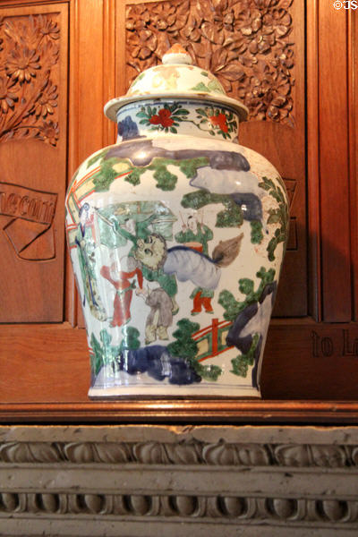 Chinese porcelain covered jar painted with figures in garden (c1650-65) (Ming to Qing period) in drawing room at Wightwick Manor. Wolverhampton, England.