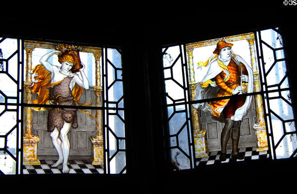 Autumn & winter panels inspired by The Earthly Paradise poem of William Morris as The Four Seasons stained glass series by Wyndham Hope Hughes for Charles Eamer Kempe at Wightwick Manor. Wolverhampton, England.