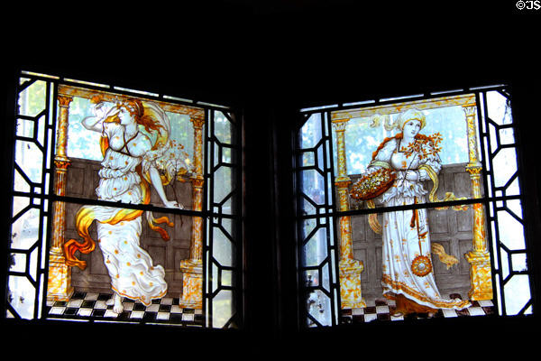 Spring & summer panels inspired by The Earthly Paradise poem of William Morris as The Four Seasons stained glass series by Wyndham Hope Hughes for Charles Eamer Kempe at Wightwick Manor. Wolverhampton, England.