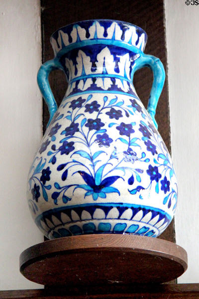 Blue & white ceramic vase with handles at Wightwick Manor. Wolverhampton, England.