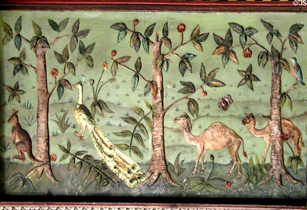 Details of exotic animals on Orpheus lyre frieze based on St Cecilia's Day poem in Great Parlor at Wightwick Manor. Wolverhampton, England.