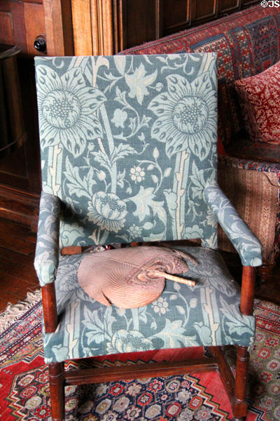 Golden Stem woven wool seat & back covers (c1890) by John Henry Dearle for Morris & Co on English oak armchair with H stretcher (c1670) at Wightwick Manor. Wolverhampton, England.