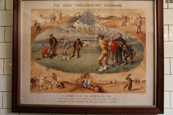 Tobacco poster (1892) mocking Balfour & Parliamentarians playing golf at Wightwick Manor. Wolverhampton, England.