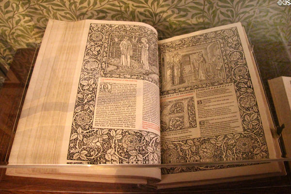 Works of Geoffrey Chaucer book (1896) by Kelmscott Press founded by William Morris with typeface designed by Morris to make publication financially viable at Wightwick Manor. Wolverhampton, England.